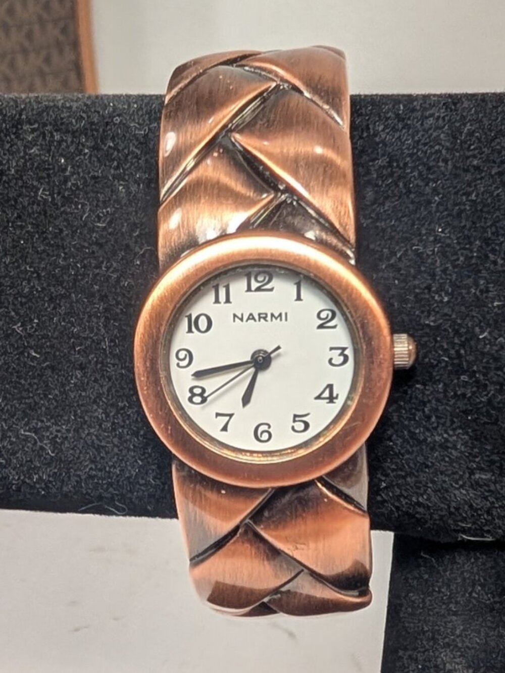 Narmi Ladies Copper Bronze Braided Cuff Spring Bracelet Analog Round Wristwatch